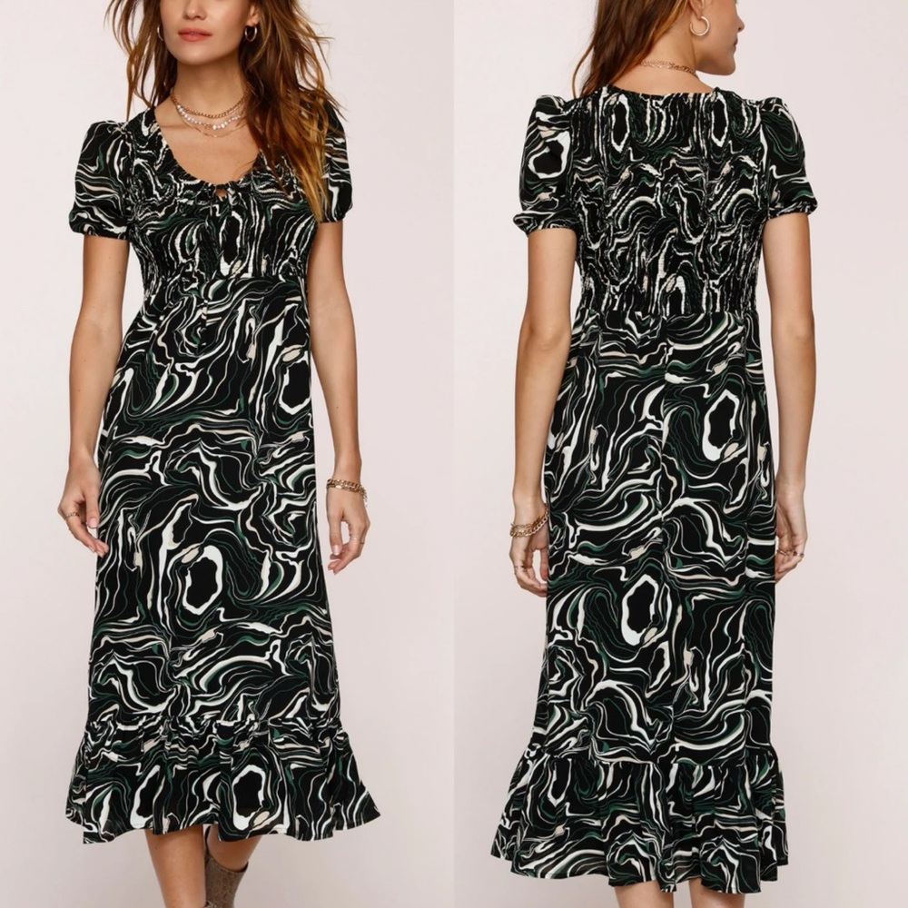Heartloom Black White Green Swirl Midi Dress